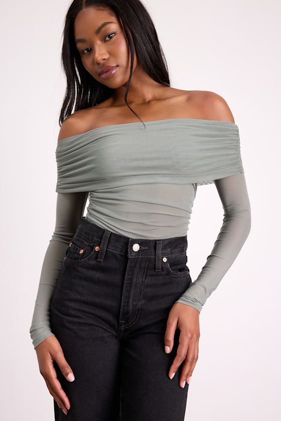 Good Times Sage Mesh Off-the-Shoulder Long Sleeve Top 1