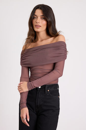 Good Times Brown Mesh Off-the-Shoulder Long Sleeve Top 1