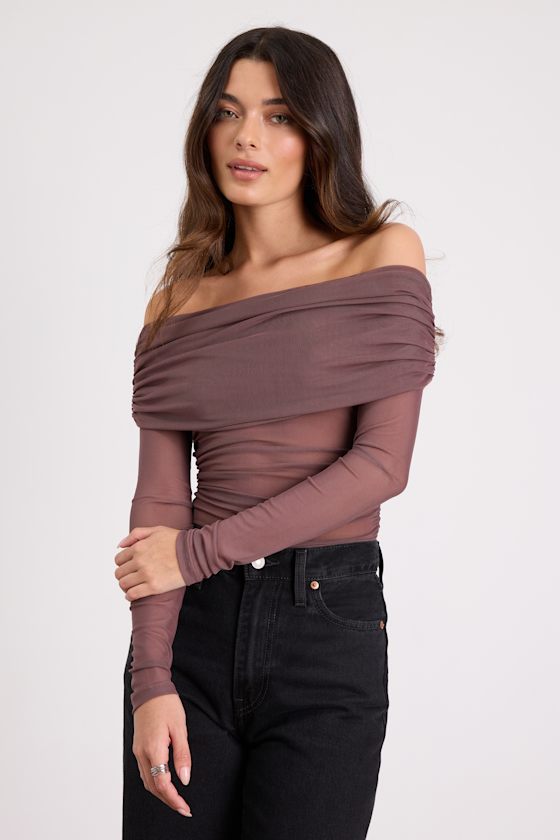 Good Times Brown Mesh Off-the-Shoulder Long Sleeve Top 1