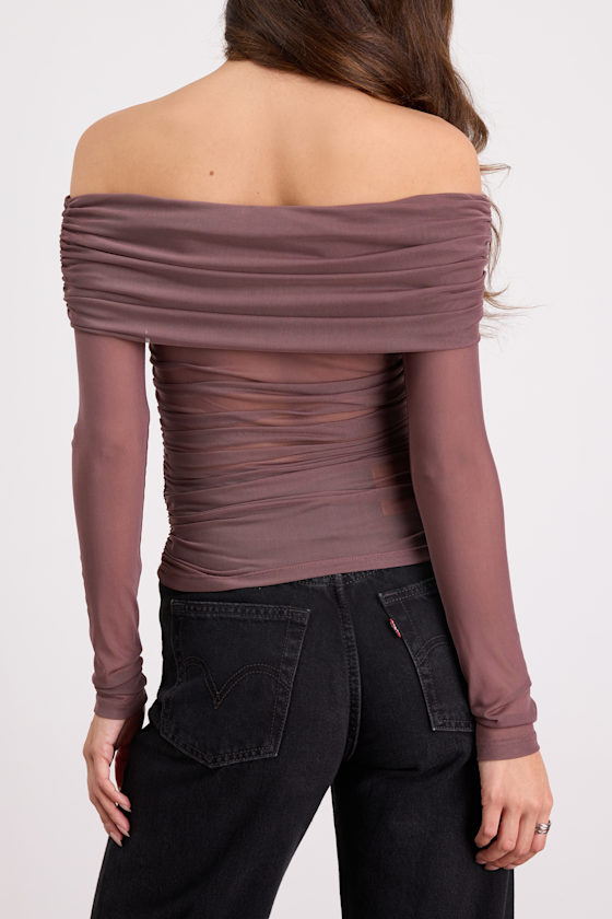 Good Times Brown Mesh Off-the-Shoulder Long Sleeve Top 2
