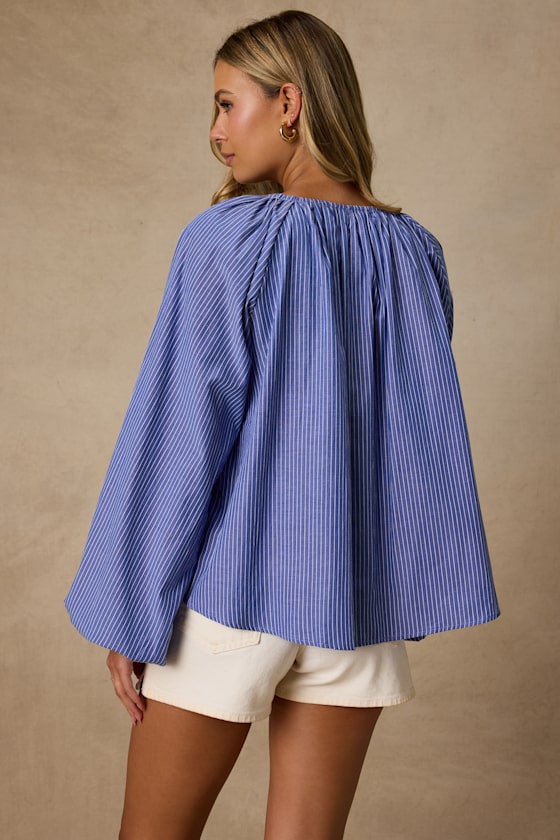 Ricki Blue Striped Cotton Billowy Sleeve Oversized Top 3