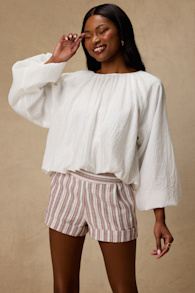 Ambrea White Multi Striped Linen High-Rise Shorts 2