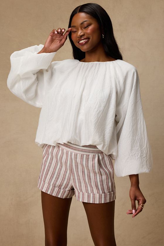 Ambrea White Multi Striped Linen High-Rise Shorts 2
