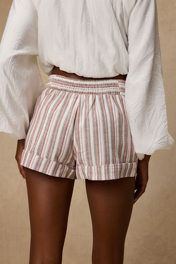 Ambrea White Multi Striped Linen High-Rise Shorts 3