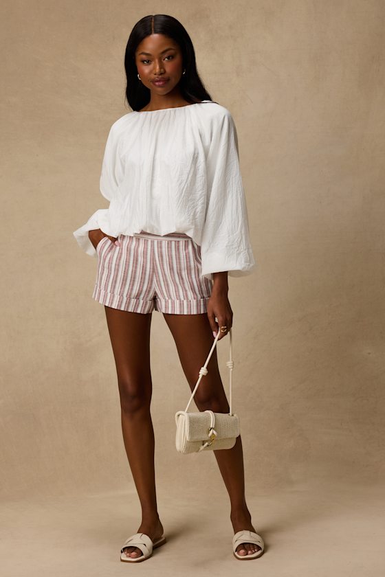 Ambrea White Multi Striped Linen High-Rise Shorts - thumbnail 4