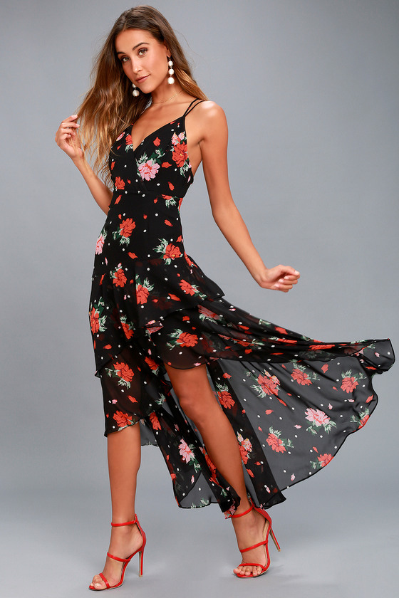 Lovely Black Floral Print Dress - High-Low Dress - Lulus