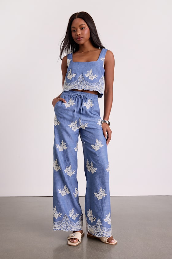 Blue Embroidered Set - Drawstring Wide-Leg Pants - Blue Vacay Set
