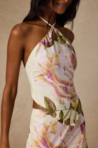 Dawson Light Yellow Floral Satin Tie-Back Tank Top 1