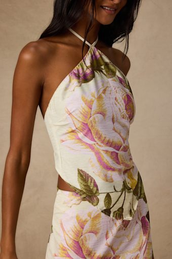 Dawson Light Yellow Floral Satin Tie-Back Tank Top 1