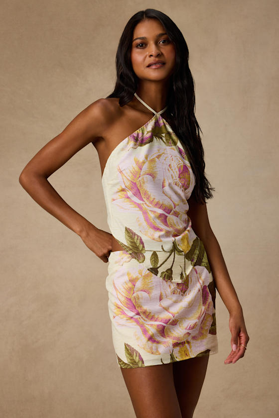 Dawson Light Yellow Floral Satin Mini Skirt 2