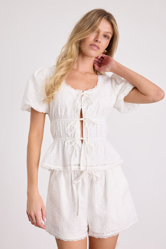 Delora White Eyelet Embroidered Tie-Front Top