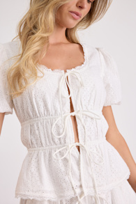 Delora White Eyelet Embroidered Tie-Front Top 2