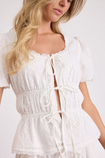 Delora White Eyelet Embroidered Tie-Front Top 2