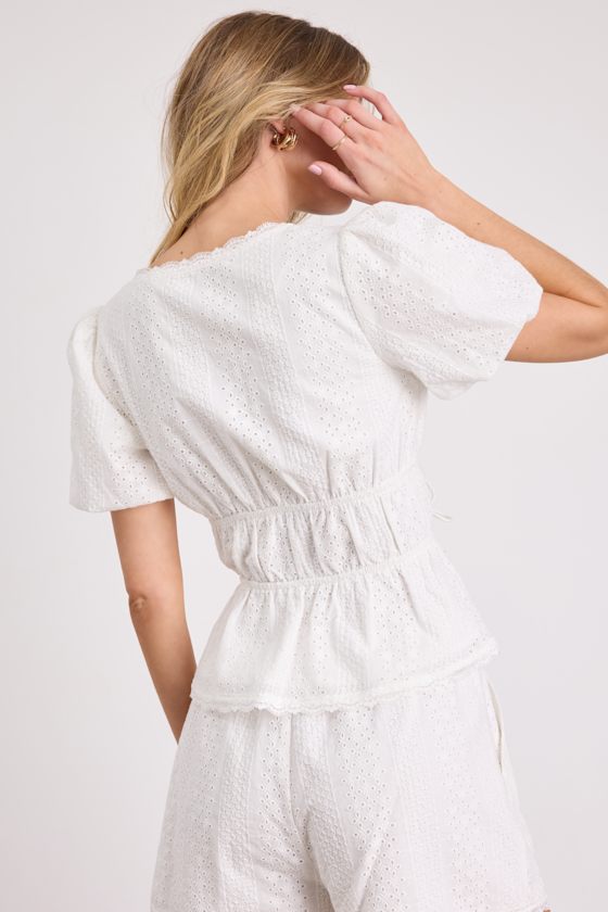Delora White Eyelet Embroidered Tie-Front Top 3