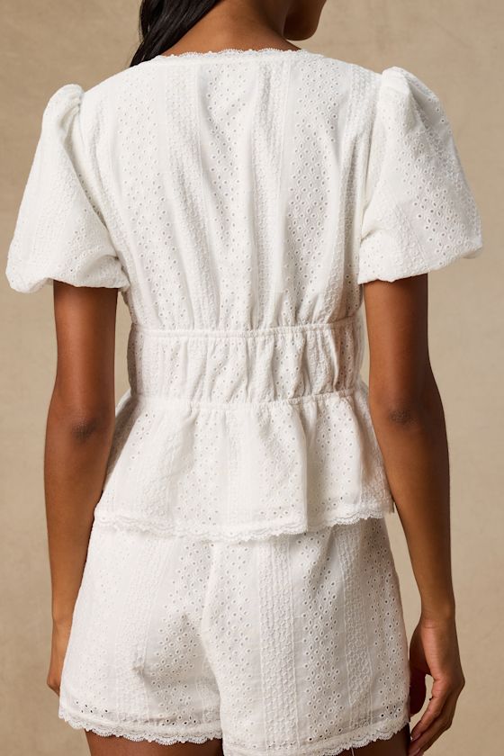 White Eyelet Embroidered Top - Tie-Front Top - Puff Sleeve Top - Lulus