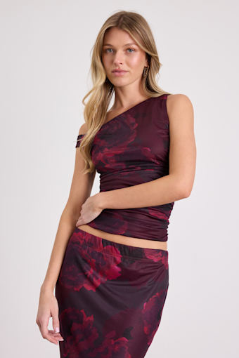 Camella Dark Plum Floral Mesh Asymmetrical Top 1