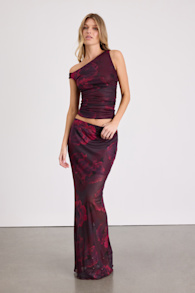 Camella Dark Plum Floral Mesh Maxi Skirt 1