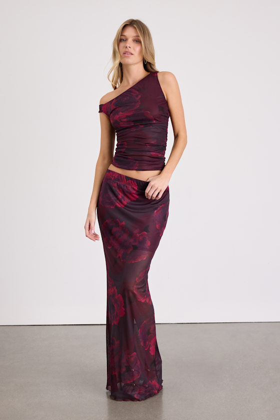 Camella Dark Plum Floral Mesh Maxi Skirt 1