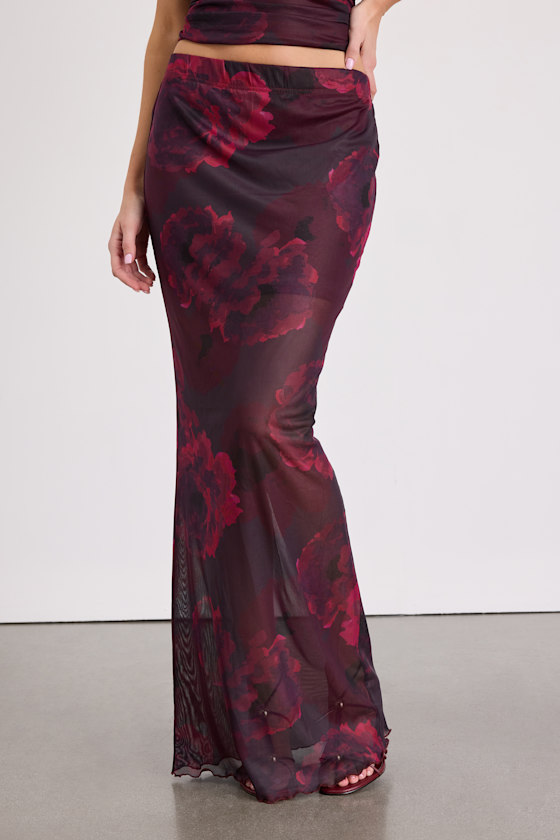 Camella Dark Plum Floral Mesh Maxi Skirt 2