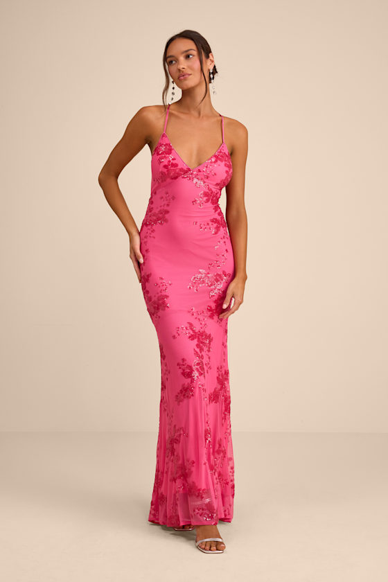 Image of Valhalla Hot Pink Sequin Lace-Up Maxi Dress