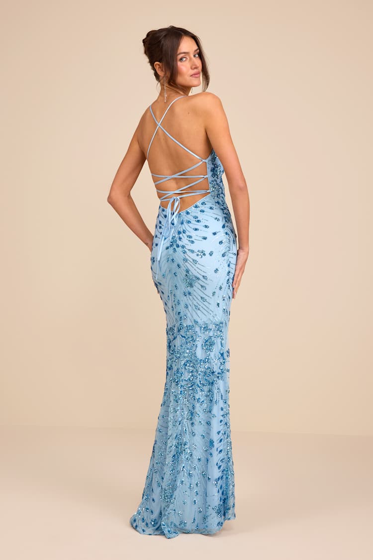 knee length dresses for ladies Blue Tulle Lace Appliques Spaghetti Straps Long Prom Dresses With Slit,  MP659