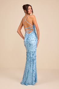 Photo Finish Light Blue Sequin Lace-Up Maxi Dress 1