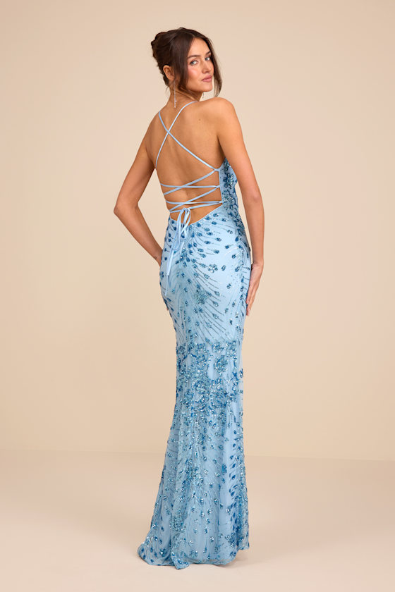 Photo Finish Light Blue Sequin Lace-Up Maxi Dress 1