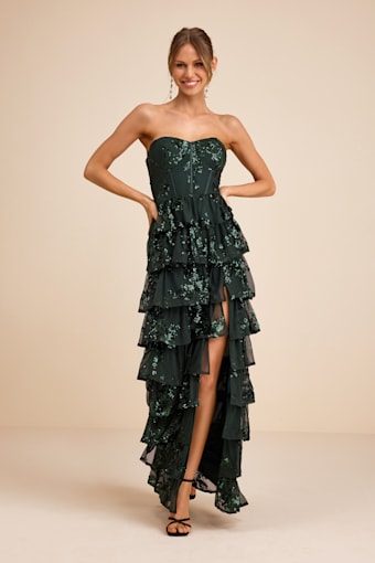 Definite Glamour Emerald Sequin Strapless Bustier Maxi Dress 1