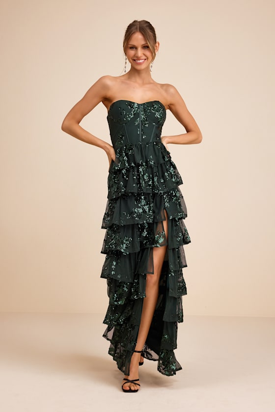 Definite Glamour Emerald Sequin Strapless Bustier Maxi Dress 1
