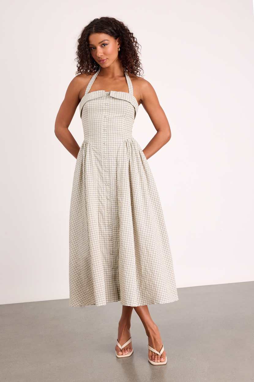 Cream Plaid Halter Dress - Button-Front Dress - Halter Midi Dress - Lulus