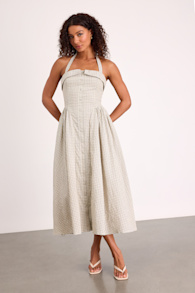 Shirley Cream Plaid Halter Button-Front Midi Dress 1