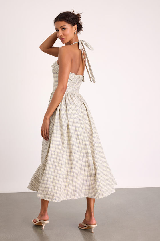 Shirley Cream Plaid Halter Button-Front Midi Dress 3