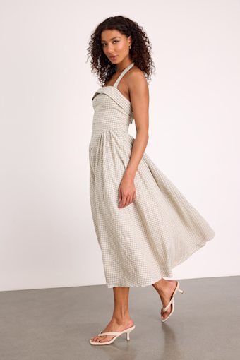 Shirley Cream Plaid Halter Button-Front Midi Dress 4