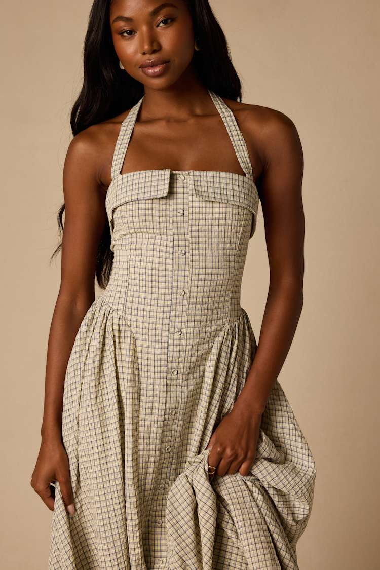 Cream Plaid Halter Dress - Button-Front Dress - Halter Midi Dress - Lulus