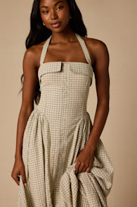 Shirley Cream Plaid Halter Button-Front Midi Dress 1