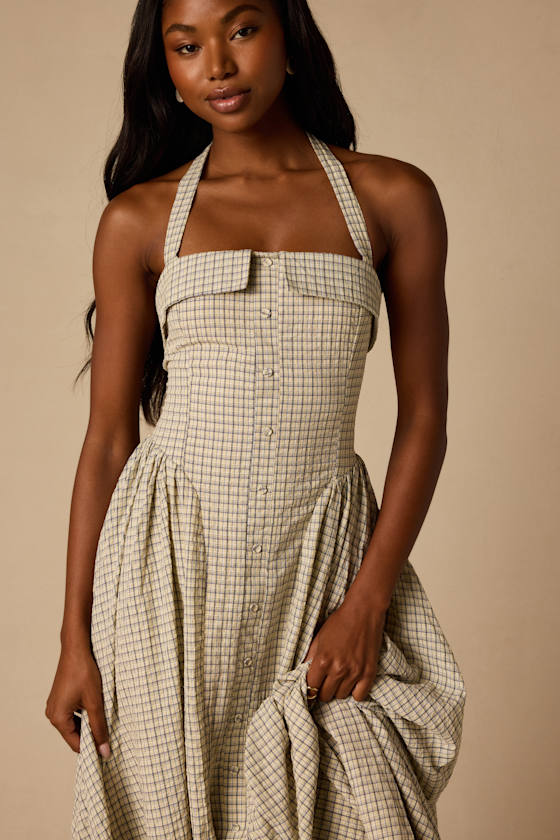 Shirley Cream Plaid Halter Button-Front Midi Dress 1
