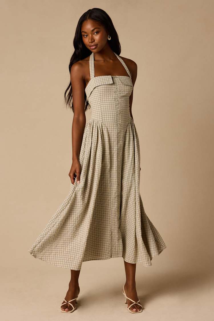 Cream Plaid Halter Dress - Button-Front Dress - Halter Midi Dress - Lulus Cream Plaid Halter Dress - Button-Front Dress - Halter Midi Dress - Lulus