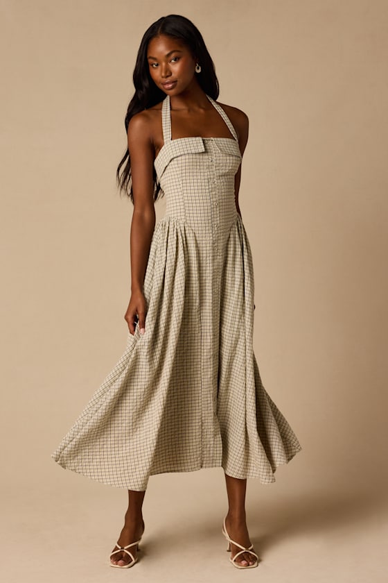 Shirley Cream Plaid Halter Button-Front Midi Dress 2