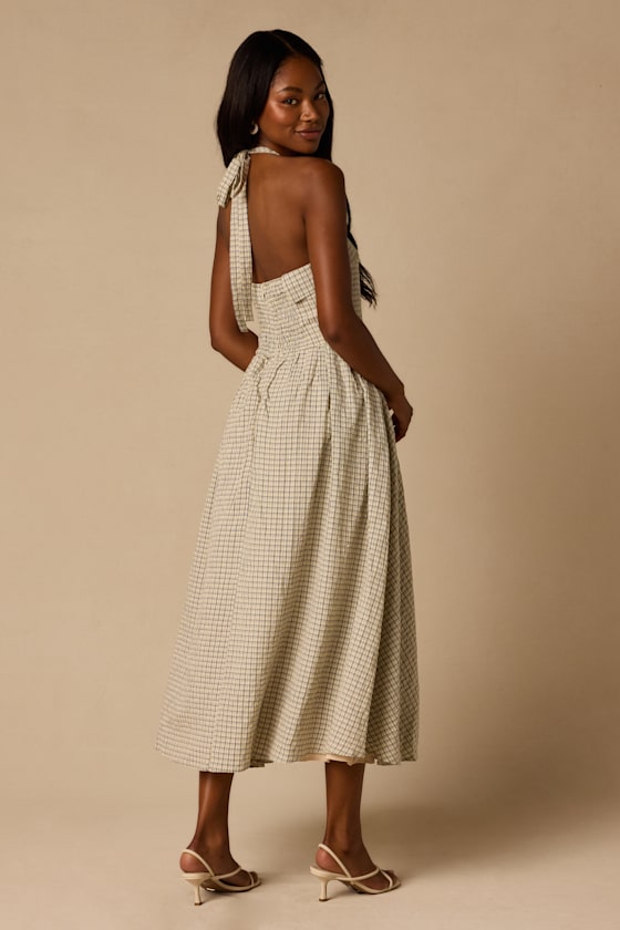 Cream Plaid Halter Dress - Button-Front Dress - Halter Midi Dress