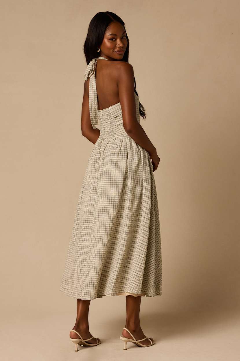 brown and white checked dress Brown Gingham Dress with Sleeveless Fit