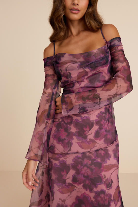 Mauve Purple Floral Dress - Asymmetrical Dress - OTS Midi Dress