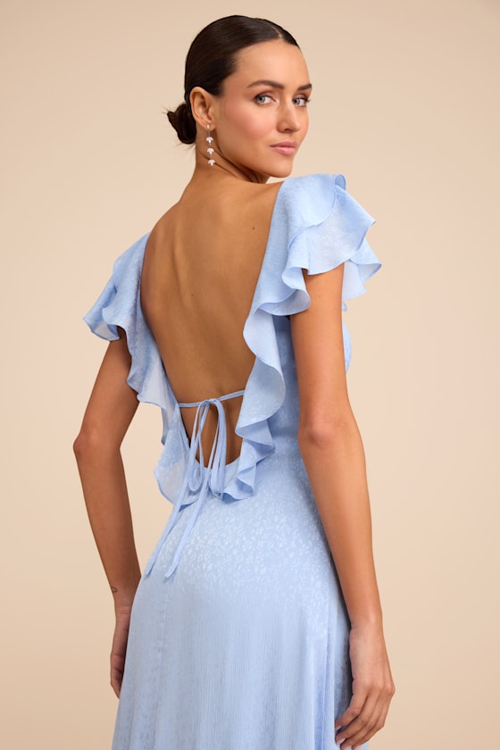 Image of Devie Light Blue Satin Jacquard Flutter Sleeve Midi Dress
