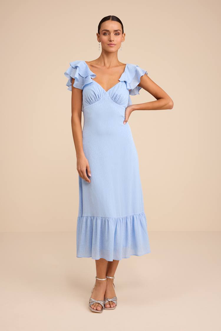 blue flutter sleeve midi dress Women's Denim Western Dress with Floral Embroidery – Rockmount