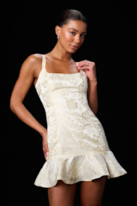 Jenner Pale Yellow Floral Jacquard Ruffled Mini Dress 2