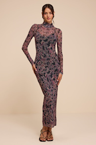 Milla Black and Purple Boho Floral Mesh Mock Neck Maxi Dress 2