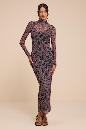 Milla Black and Purple Boho Floral Mesh Mock Neck Maxi Dress 2