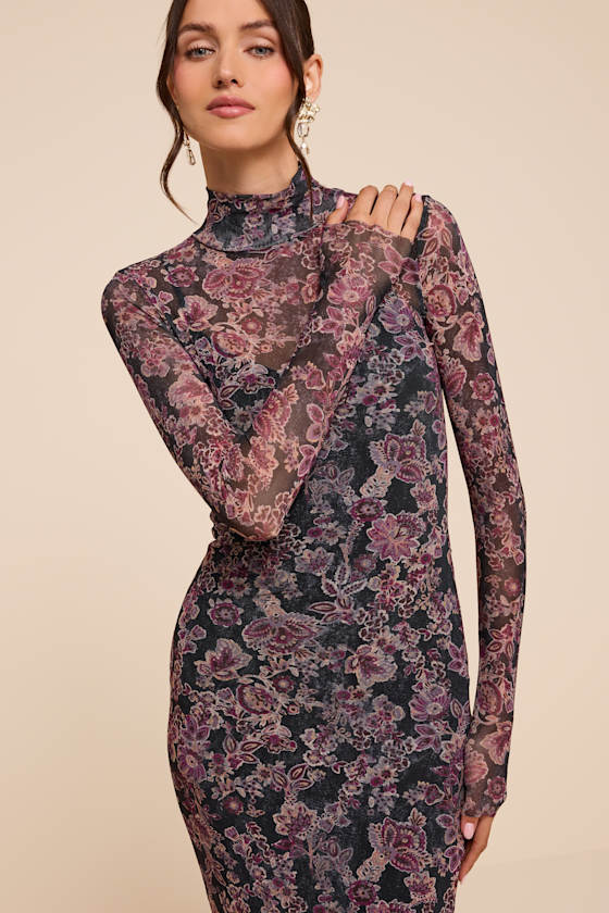 Milla Black and Purple Boho Floral Mesh Mock Neck Maxi Dress 3