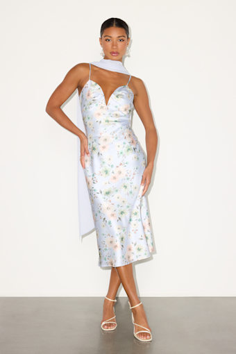 Molena Light Blue Floral Slip Midi Dress and Scarf Set 1