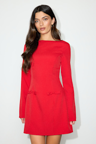 Pemberton Red Boat Neck Long Sleeve Mini Dress 1