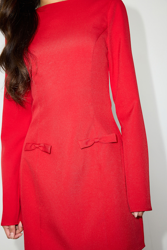Red Crepe Knit Dress - Cutout Mini Dress - Boat Neck Mini Dress - Image 5